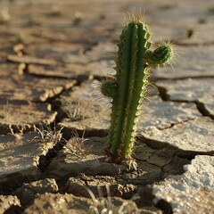 Naklejka premium Single cactus growing in cracked desert soil.