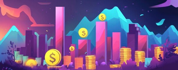 Obraz premium A vibrant digital landscape depicting a city skyline with rising bar graphs, coins, and mountains, symbolizing wealth and financial growth.