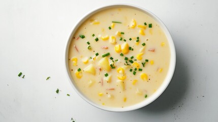 A bowl of creamy corn chowder with chunks of potato and a sprinkle of chives, Centered in a minimalist white bowl, Overhead view with soft ambient light