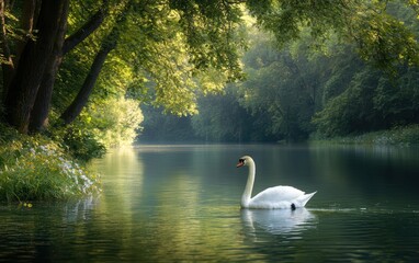Serene White Swan on a Calm River in a Lush Green Forest