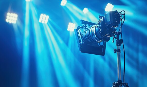 Professional video camera recording live event with blue stage lights