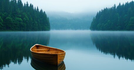 Obraz premium Serene Wooden Rowboat on a Misty Lake Surrounded by Lush Forest