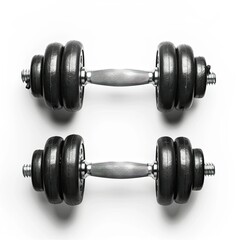Fototapeta premium Two black dumbbells with a silver handle, used for strength training and fitness exercises. isolated on white background