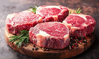 Raw ribeye steaks with rosemary and peppercorns on wooden board