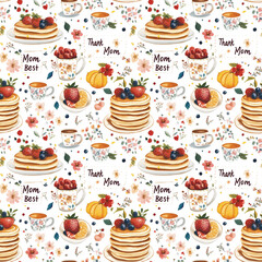 Celebratory design featuring pancakes and floral elements expressing gratitude for moms