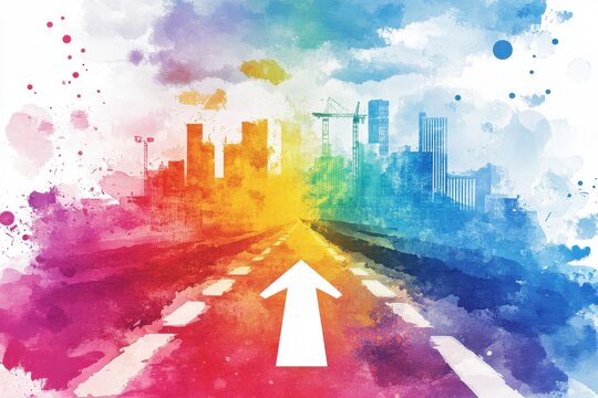 A vibrant watercolor illustration of a road leading towards a colorful skyline, symbolizing progress and a bright future.