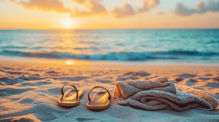 Beach scene with flip flops and towel under sunset sky