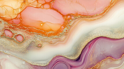 Obraz premium 3D abstract mineral texture curved rock layered stone shimmering glittering metal glass gradient white golden purple mica quartz marble poster swirl background with copy space