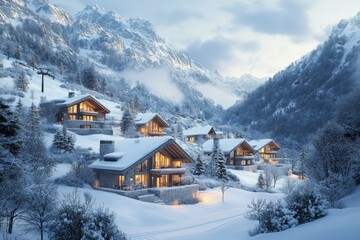Fototapeta premium Serene Snowy Haven: Luxury Ski Resort Amidst Modern Chalets in Majestic Mountain Landscape