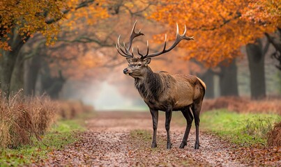 Red deer stag on path in autumn forest