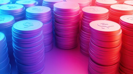 Colorful stacks of coins, creating a vibrant visual effect, symbolize wealth, finance, and investment.