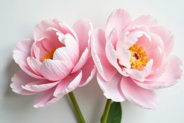 Fototapeta premium Peony blooms in soft pastel shades on a pure white surface, soft pastels, peony, pale pink