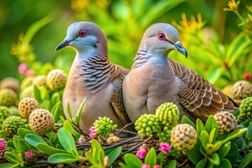 Obraz premium Adorable Crested Turtledoves (Geopelia striata) Building Nest on Wild Plant Branch
