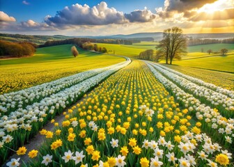 Fototapeta premium Aerial View of Vibrant Daffodil Field, Kaleidoscope of Spring Colors