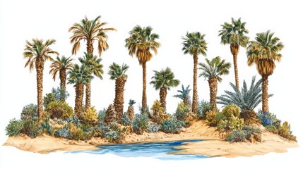 Fototapeta premium Tropical Oasis with Palm Trees and Sandy Beach Scene