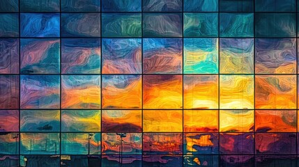 a building's glass exterior reflecting a vibrant sunset, creating an abstract interplay of colors.