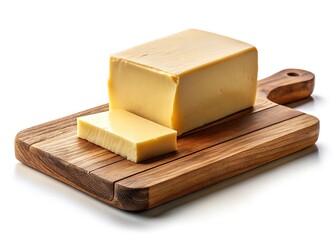 Elegant Wooden Cutting Board with Butter Block, Isolated White Background - Culinary Food Photography