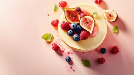 Delicious Creamy Cheesecake Topped with Fresh Berries and Figs on a Soft Pink Background, Perfect for Dessert Lovers and Food Photography