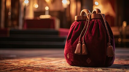 a close-up image of a rich velvet church tithe offering bag with wooden handles, showcasing its texture and craftsmanship against a softly lit altar background.
