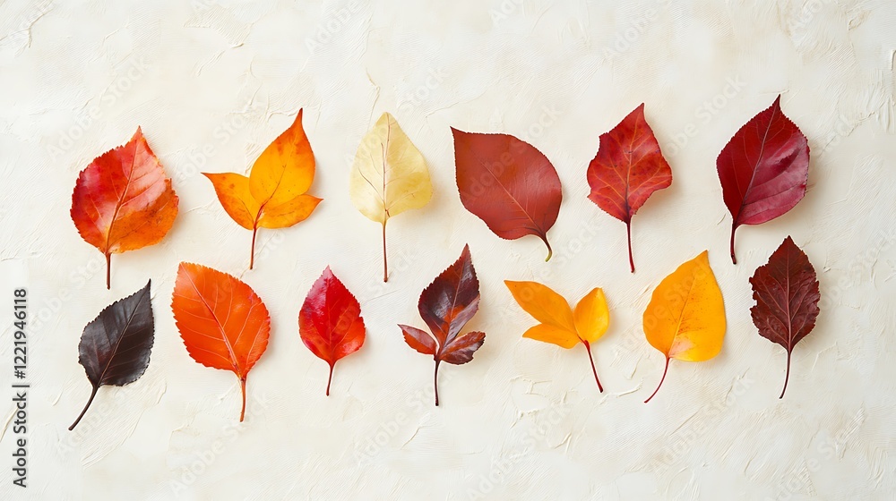 Poster Autumn leaves arranged in a row on a light beige background.