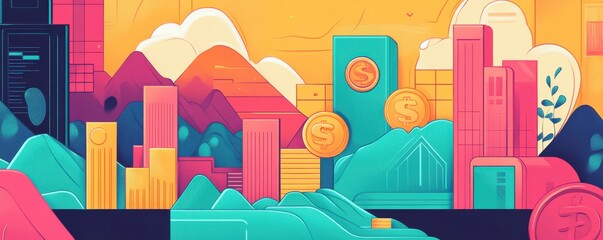 A vibrant cityscape featuring mountains, colorful buildings, and money symbols, illustrating themes of finance and urban life.