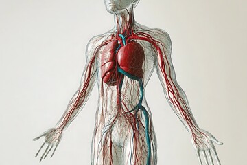 A 3D rendering of the female circulatory and respiratory systems, highlighting the intricate network of blood vessels and organs.