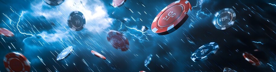 flying casino poker chips, on a thunder background, generative ai