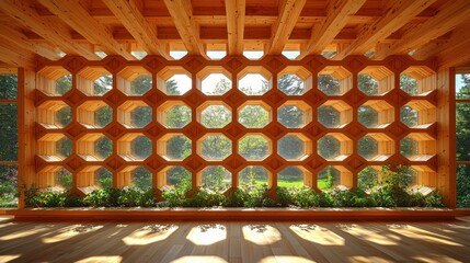 Naklejka premium Honeycomb Window: A Wooden Architectural Marvel