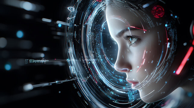 Futuristic digital portrait of a female cyborg virtual reality illustration sci-fi environment side view human-machine interaction