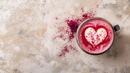 Heart-Shaped Foam Art in a Cup of Pink Beverage with Edible Rose Petals and Powdered Garnish on a Textured Neutral Surface