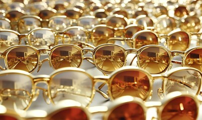 Rows of gold sunglasses reflecting a bright interior space, ideal for retail or fashion use