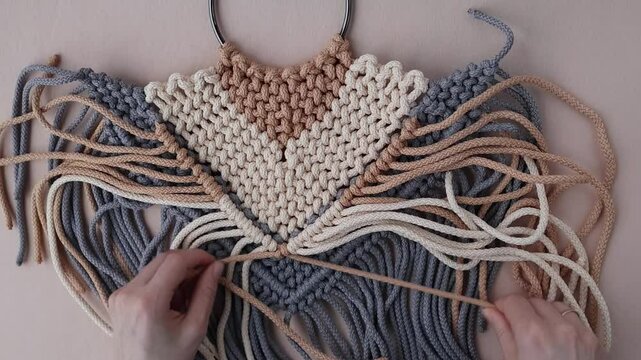 Female hands weaving macrame wall hanging with beige, gray and brown ropes. Handmade decor piece process in slow motion. Intricate knot patterns. Bohemian charm in interior spaces.