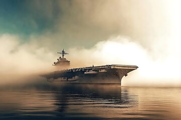 A majestic battleship emerges from the morning mist, embarking on a new day at sea.