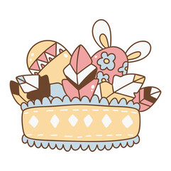 Boho Easter, Easter eggs and decorative feathers in basket create festive atmosphere