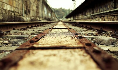 Rusty railway tracks converging into the distance, urban setting, evokes travel and journey themes