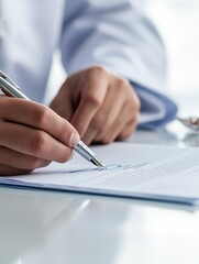 business professional signing important documents concept. Writing on a document with a pen