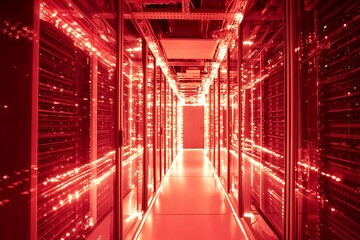 Fototapeta premium A long corridor in a data center, lit with red lights, showcasing rows of server racks in a modern and technological environment.