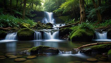 The waterfall flows clear through a beautiful forest that is calm and natural