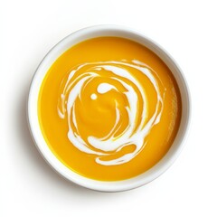 Obraz premium A bowl of creamy butternut squash soup with a swirl of cream, isolated white background, minimalist art style