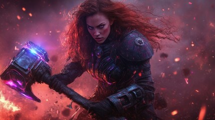 A female warrior in holographic battle gear, wielding a massive plasma hammer, surrounded by glowing debris
