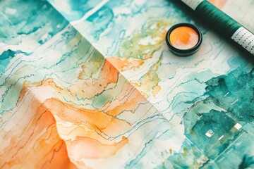 A vibrant watercolor painting featuring shades of blue, green, and orange, complemented by a paint tube and a circular paint pot.