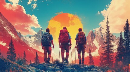 Three hikers with backpacks walk into an orange sunset in the mountains at the end of the day a perfect setting for a group adventure