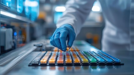 A researcher in a lab carefully handling colorful samples in a controlled environment, showcasing precision and advanced laboratory practices.