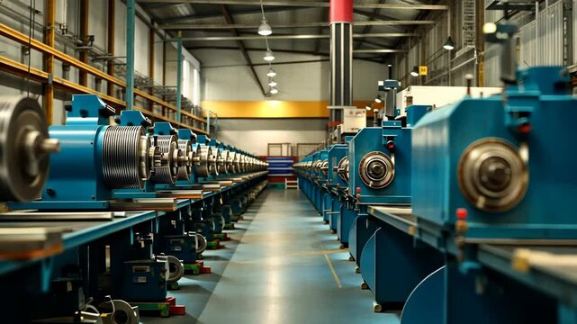 Industrial Factory Interior Rows of Blue Machinery and Metal Production Line