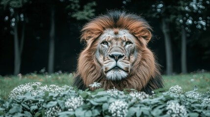 Obraz premium Majestic Lion Portrait Wild Cat in Lush Garden