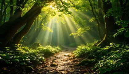 Obraz premium Sunlit Forest Path Lush Green Canopy Mystical Rays Peaceful Scene