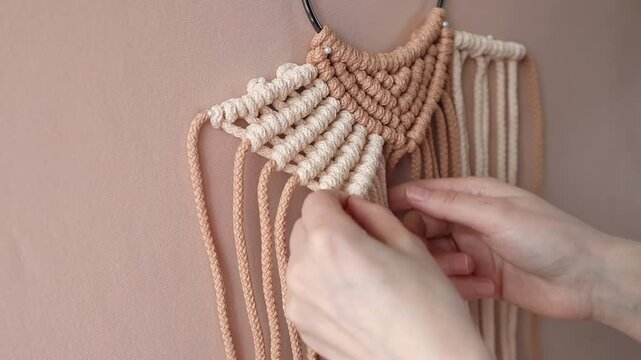 Hands carefully crafting a macrame wall hanging with beige and brown cords. Bohemian-inspired decor coming to life, highlighting the art of handmade design and the creative DIY process.
