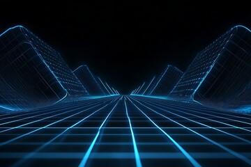 
Futuristic Blue Grid Landscape on Dark Background 
