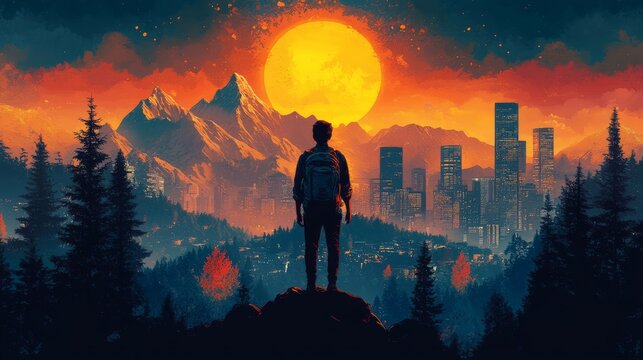 A lone hiker gazes at a vibrant sunset over a city skyline nestled between mountain peaks