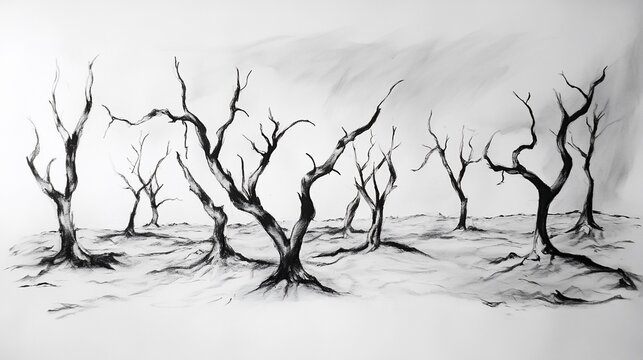 Charcoal drawing of barren trees in a desolate landscape on a white background